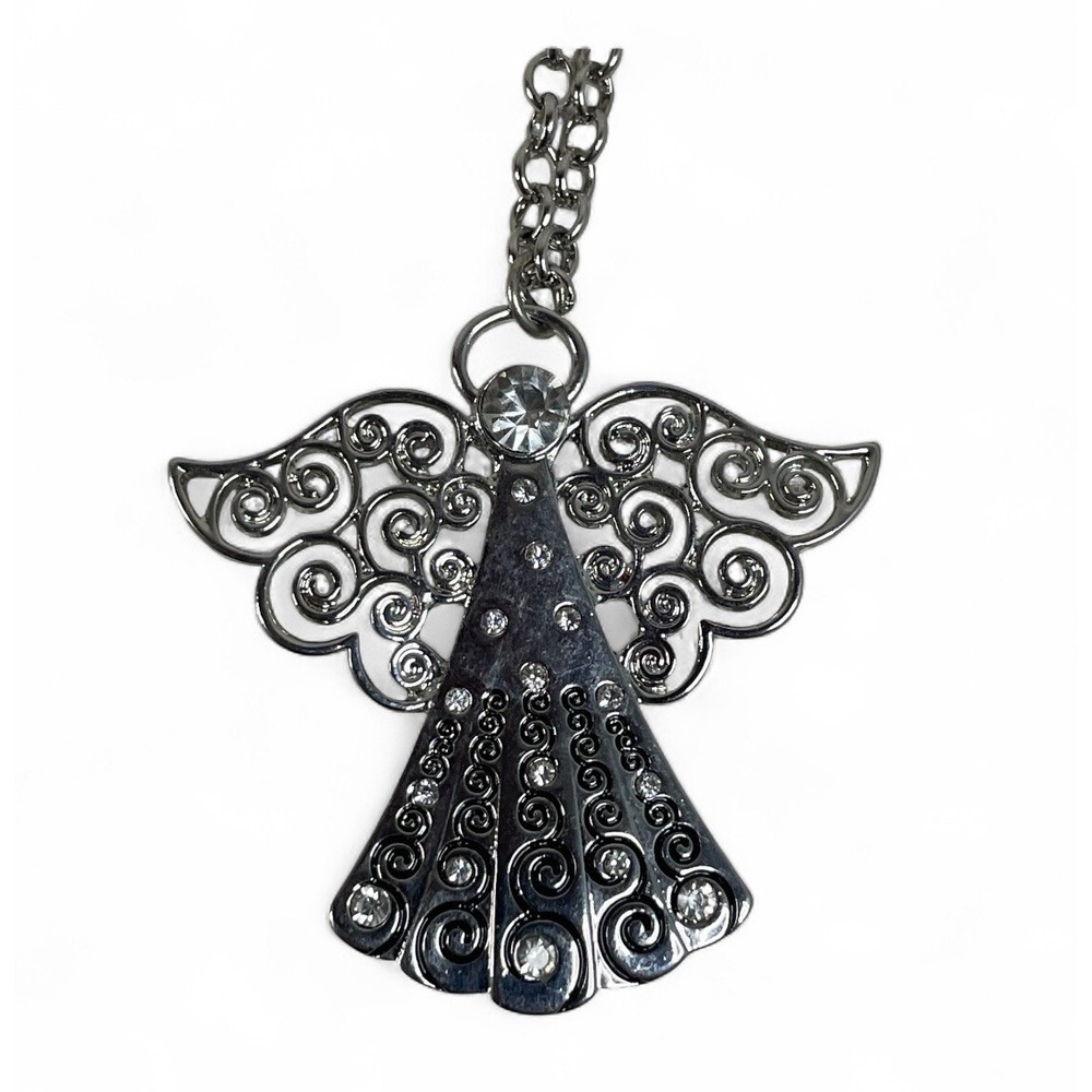 Seraphim Angel Pendant Necklace 30" Silver Tone Religious Jewelry